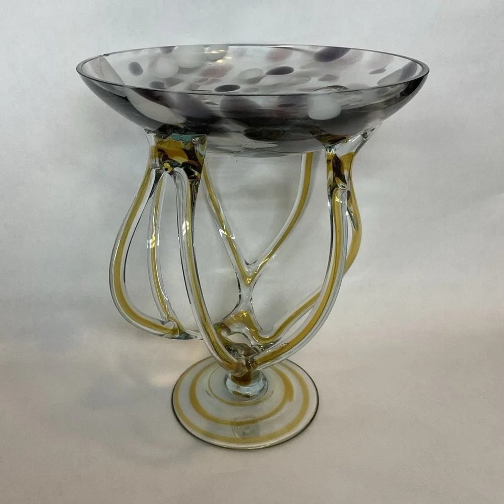 Vintage Jozefina Krosno Poland Cobalt Art Glass Jellyfish Pedestal Bowl 9